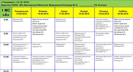 “I approve” “15-02-2016” Director of GBPOU MO “Moscow Regional Medical College 2” T.V. Kozlova 1 MS "A" Monday 15-02-2016 Tuesday 16-02-2016.