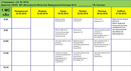 “I approve” “24-02-2016” Director of GBPOU MO “Moscow Regional Medical College 2” T.V. Kozlova 1 MS "A" Monday 22-02-2016 Tuesday 23-02-2016.