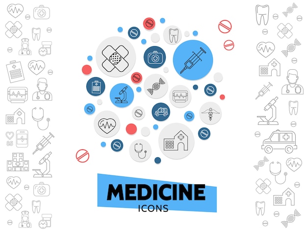 Health care line icons composition with plaster syringe dna microscope hospital stethoscope heartbeat