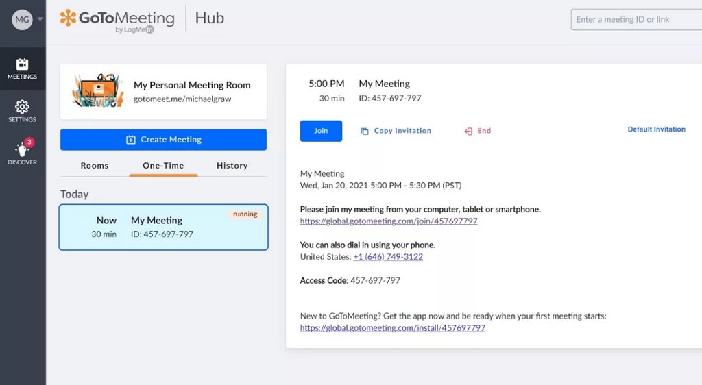 The GoToMeeting control panel allows you to join a meeting or share invitations