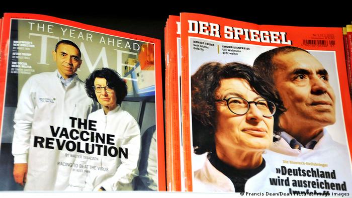 Covers of Time Magazine and Spiegel magazines with portraits of the Creators of the company Biontech